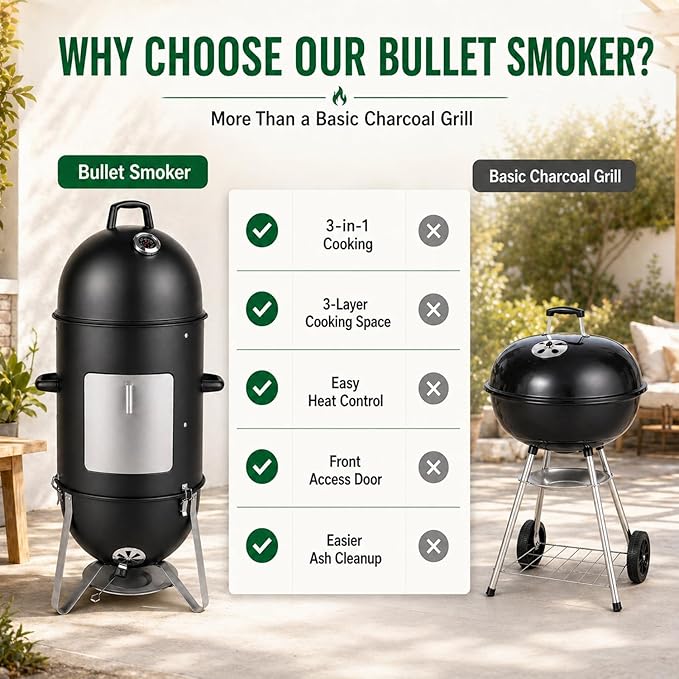 19 Inch Charcoal Smoker for Meat, Bullet Smoker, Vertical Smoker Grill for Backyard and Patio BBQ | 3-Layer Cooking Space with Built-In Thermometer and Dual Air Vents | Front Access Door and Ash Tray