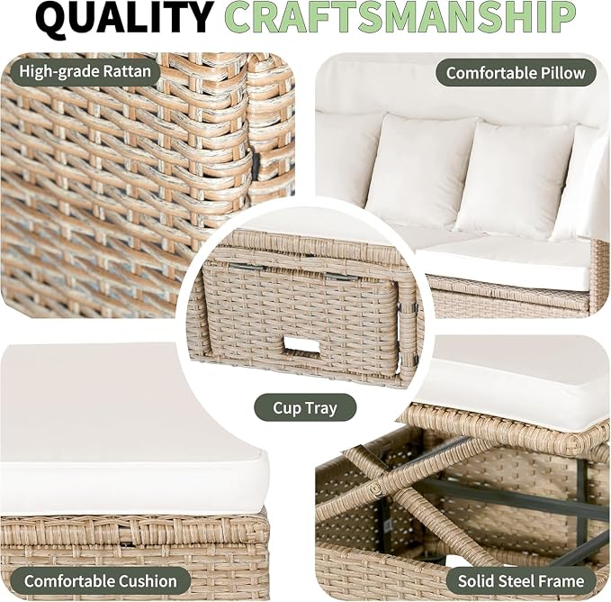 4 Piece Outdoor Patio Furniture Set Featuring Retractable Canopy Daybed, Adjustable Backrest Sectional Sofa and Chaise Chair Sunbed for Garden Poolside Backyard Lounge Area