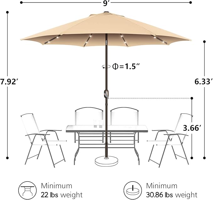 9ft Patio Umbrella with Solar Lights, Outdoor Umbrella with 24 LED Solar Umbrella Lights, Solar Patio Umbrella with Push Botton Tilt & Crank Ideal for Garden, Deck, Backyard & Pool, Brown
