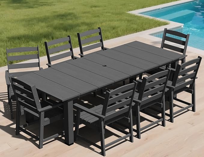 LOUNZY 9 Pieces Patio Dining Sets, 90'' Table Outdoor HDPE Furniture Set w/ 2" Hole Cut-Out Dining Table with 8 Patio Chairs for Lawn, Pool and Yard, Black