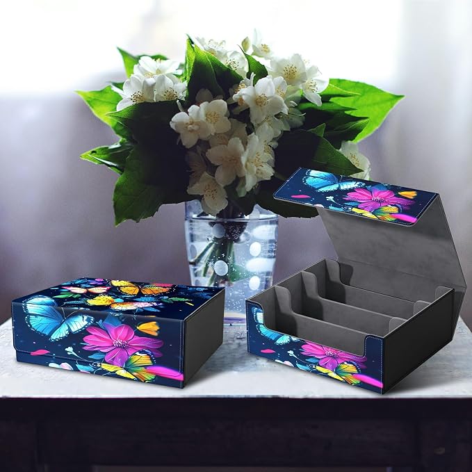 Large Card Deck Box for MTG, Fits 1200+ Sleeved Cards, PU Leather Storage Case with Strong Magnetic Closure, Multiple Colors for TCG CCG Baseball Card Collections, Colorful Butterfly