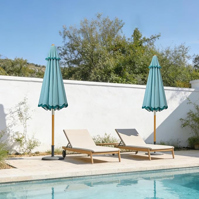AMMSUN 8.2ft Vintage Wood Outdoor Umbrella, with a pulley system, UPF 50+, for markets, gardens, porches, courtyards, beach terraces, cafes, taverns, dining tables, pool sides, wedding venues