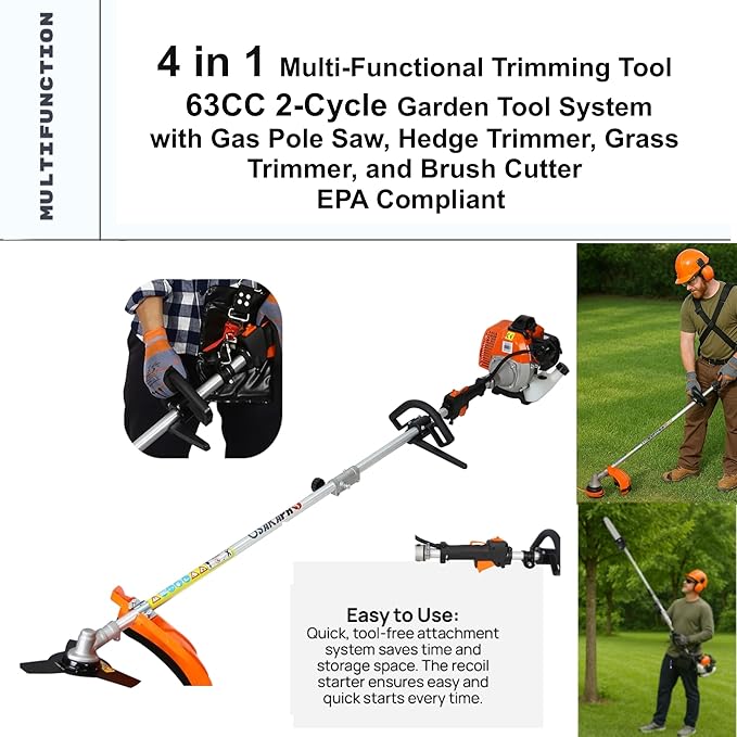 63cc 2-Cycle Gas Multi-Trimmer | 4-in-1 String Trimmer w/Rotatable Pole Saw, Weed Eater Weed Wacker, Brush Cutter & Hedge Trimmer Gas for Lawn, Yard, Garden Care, All-in-one Garden Tool