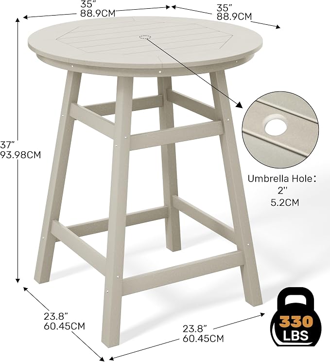 Costaelm Patio Bistro Table, 37" Counter Height Round Patio Cocktail Bar Table with Umbrella Hole, Outdoor Bistro Dining Pub Table for Front Porch Deck Backyard Garden, Sand