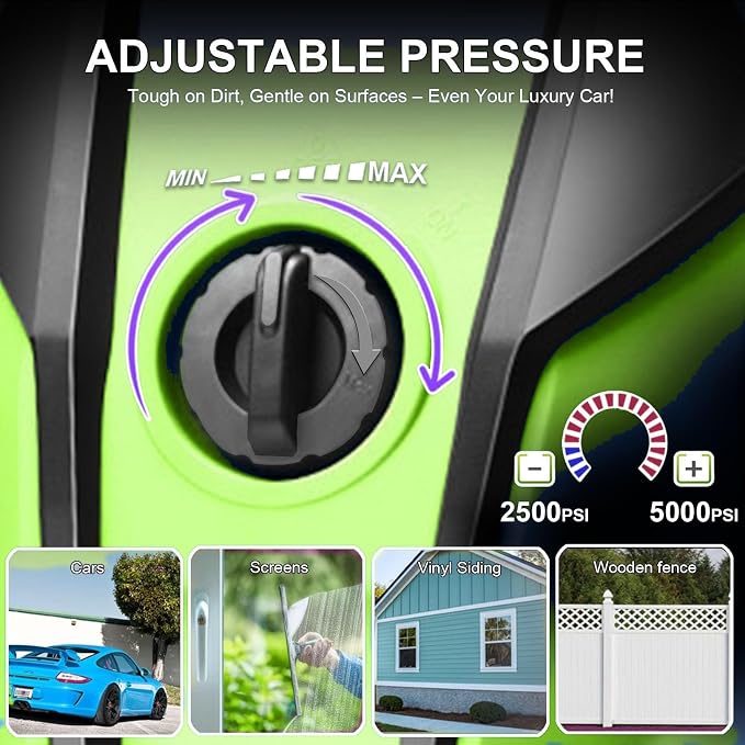 Electric Pressure Washer Adjustable 5000PSI 4.0 GPM High Power Washers with 33ft Hose Reel, 4 Nozzle and Foam Cannon, Power Washers Machine for Home, Cars, Patio (Green)