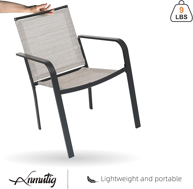 Patio Dining Set of 5 with Beige Grey Stackable Chairs, 63" Rectangle Table | Stackable Chairs, Metal Rectangle Table, Slat Table Top, 4 or 6 Person Use, All Weather, Textilene fabric Seat and Back