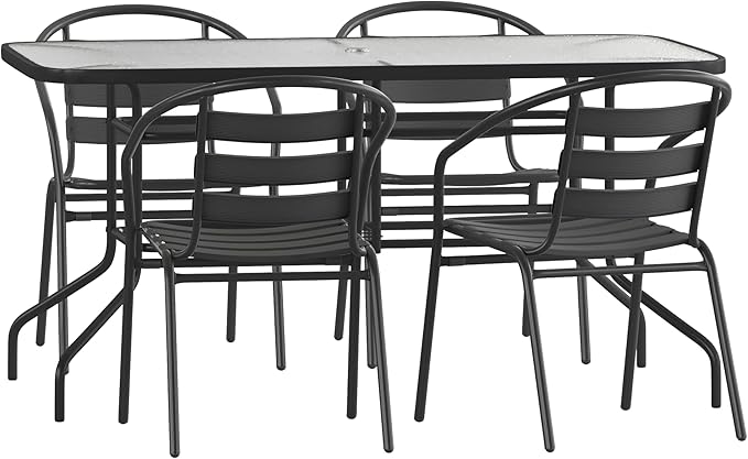 Flash Furniture Lila 5 Piece Patio Dining Set - 55" Tempered Glass Patio Table with Umbrella Hole - 4 Black Metal Aluminum Slat Stack Chairs