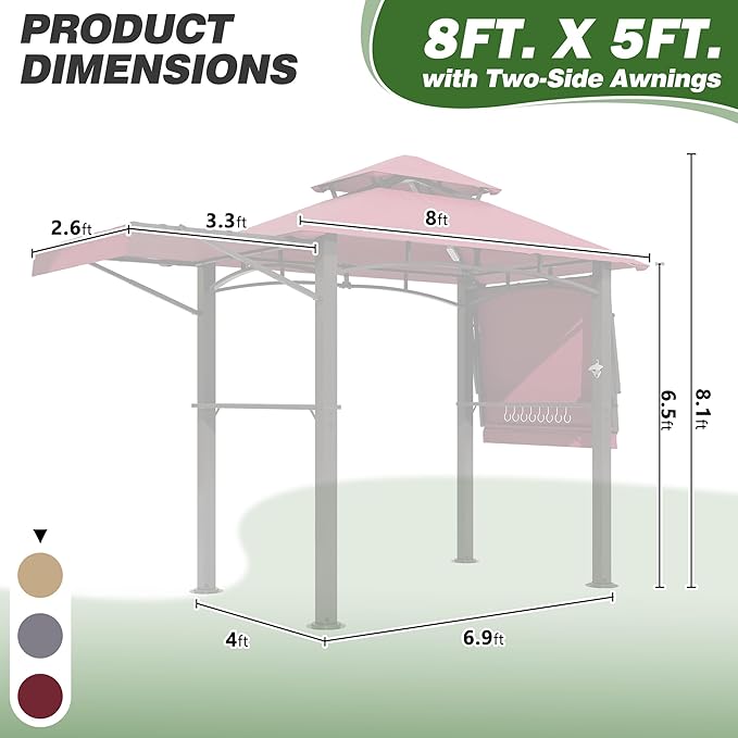 GARTOO 8'x5' Outdoor Grill Gazebo with 2 Side Awnings - Double Roof BBQ Gazebo Canopy with LED Lights and 2 Side Shelves, Patio BBQ Pergola Shelter for Garden, Porch and Backyard (Red)