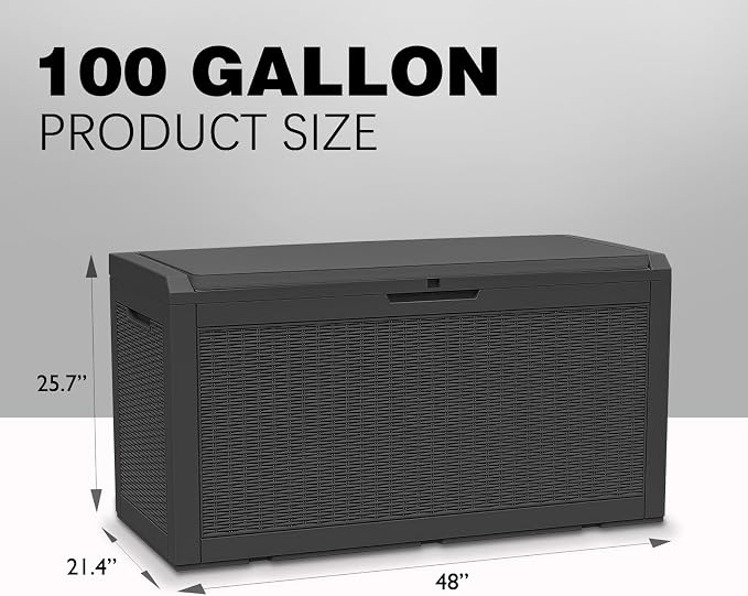 DIKEP 100 Gallon Polypropylene(PP) Deck Box with Cushion, Lockable Outdoor Storage Box for Patio Furniture, Garden Tools, Pool Supplies| Built-in Handles Waterproof Storage Container, Black