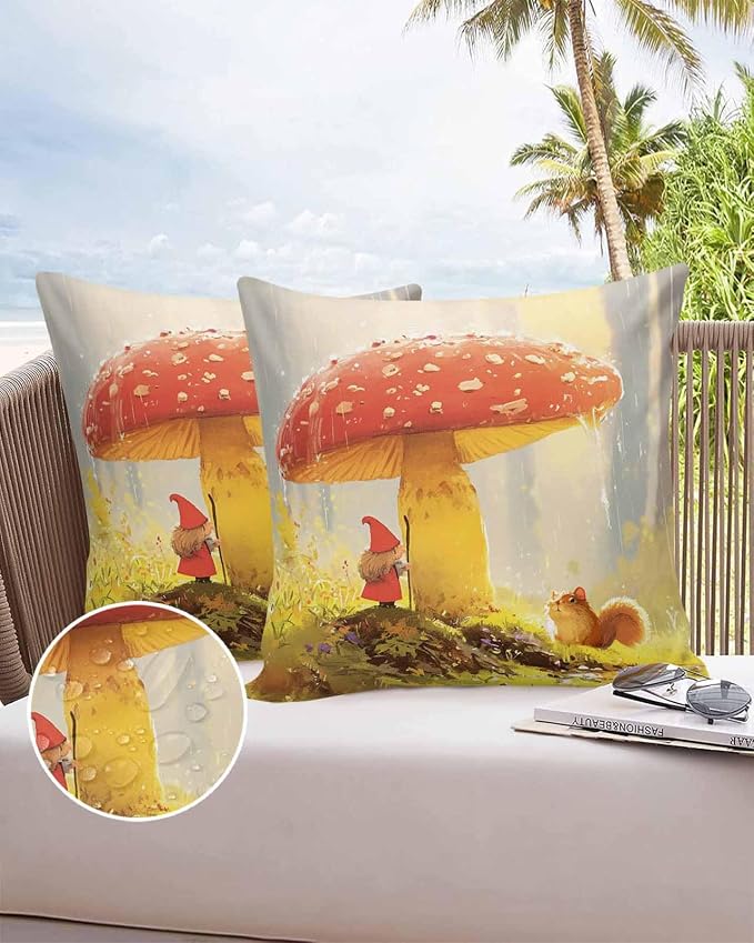 Outdoor Waterproof Throw Pillow Covers 24x24in, Fall Thanksgiving Mushrooms Cushions for Garden Patio Furniture Chairs Set of 2, Gnome Squirrels Home Decor Couch Sofa Polyester Pillow Cases