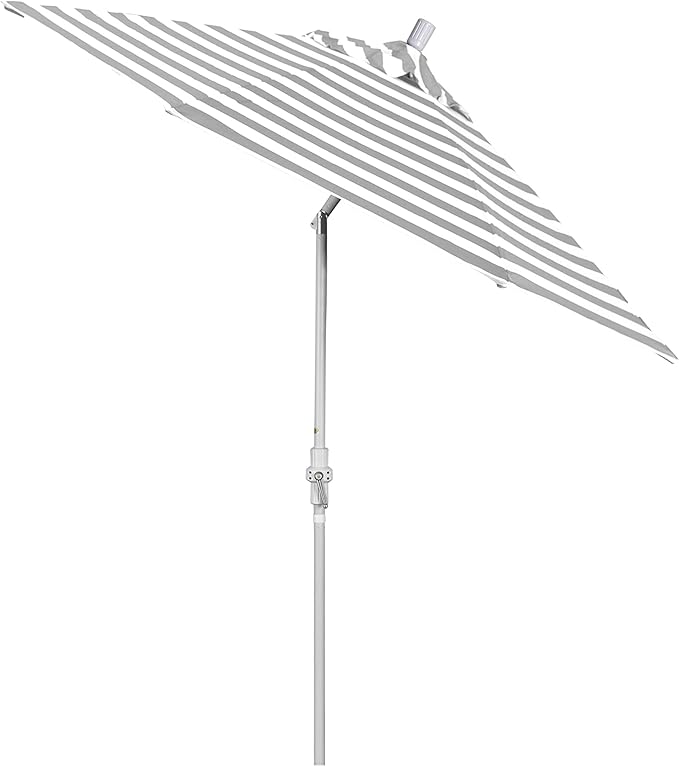 California Umbrella 9' Round Aluminum Pole Fiberglass Rib Patio Umbrella, Crank Lift, Collar Tilt, White Finish, Woven Gray/White Stripe