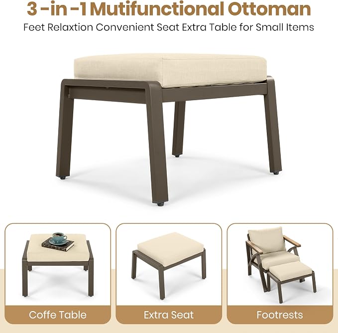 Outdoor Patio Furniture Set, 6-Piece Steel Frame Sofa Set with Acacia Wood Coffee Table, 3-Seat Couch, 2 Armchairs, 2 Ottomans, Cushioned Seating for Backyard, Garden, Poolside (Brown,Cream Beige/51)