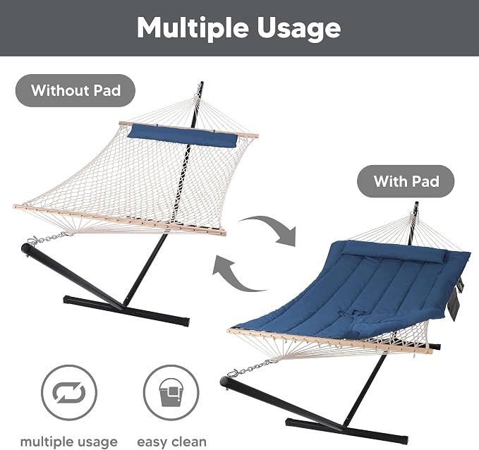 SUNCREAT Double Hammock with Stand, 2 Person Outdoor Hammock with Reversible Pad, Black Hammock Storage Bag, Heavy Duty Carrying Bag