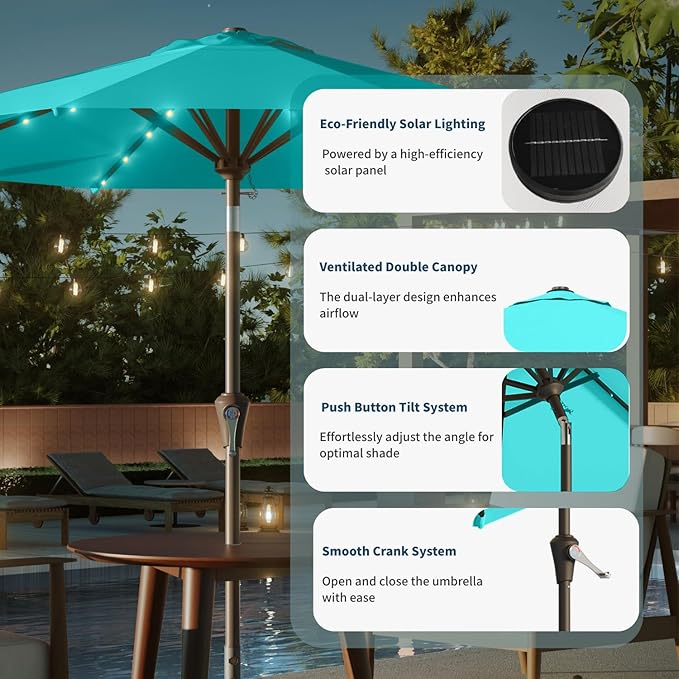 9FT Solar Umbrella 32 LED Lighted Patio Umbrella Table Market Umbrella w/Tilt and Crank, UV-Resistant Outdoor Umbrella for Pool, Garden, Deck, Aqua Blue