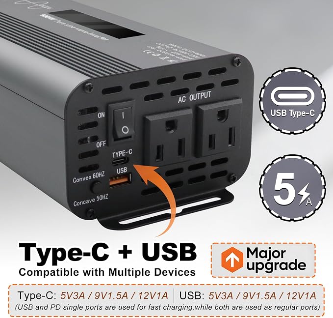 500W Pure Sine Wave Power Inverter with Digital Display,Dual AC Outlets & Fast Charging USB/Type-C,12V/24V to 110V AC Converter with Overload Protection for Car RV Truck Home Camping