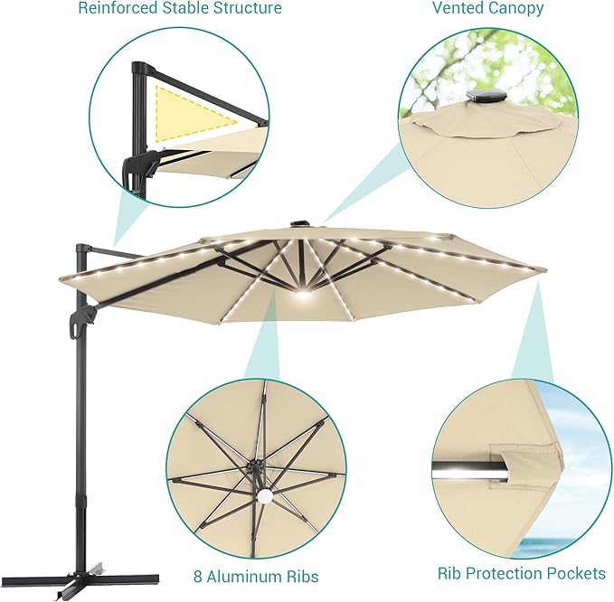 FLAME&SHADE 11 ft Cantilever Offset Patio Umbrella, Large Heavy Duty Outdoor Patio Umbrella Aluminum 360° Rotation Round Outdoor Umbrella for Deck,Pool,Backyard
