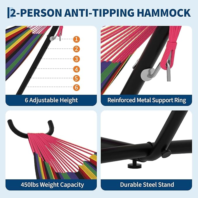 Double Hammock with Steel Stand, Outdoor Portable Hammocks Accommodates with 450Lb Capacity 2 People& Portable Carry Bag for Outside Camping Garden Yard,Rainbow