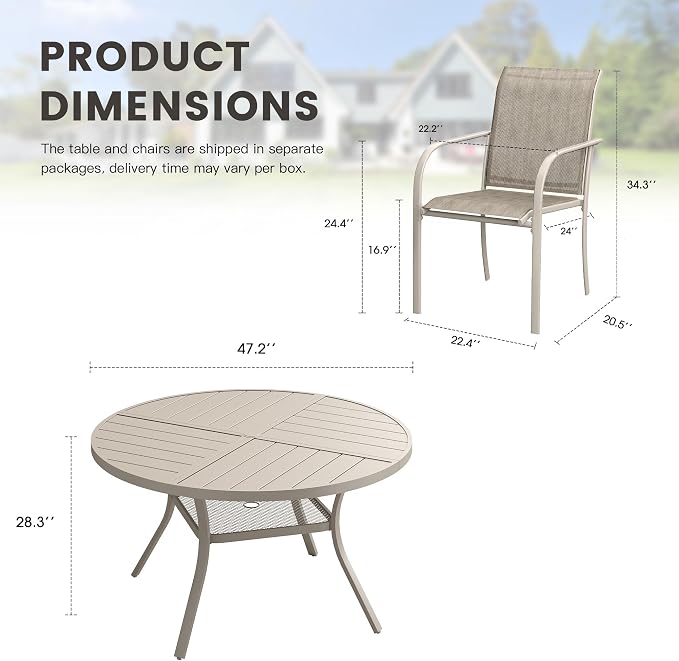 7 Pieces Outdoor Dining Set, Stackable Textilene Paito Chairs & 47.1" Round Dining Table with Umbrella Hole and Shelf, Patio Dining Set for Backyard, Deck, Garden, Sandshell