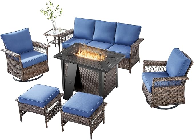 Patio Furniture Set with Fire Pit Table, 7PCS Patio Conversation Set Brown Resin Wicker Swivel Patio Chair Sofa Ottoman Set with Side Table and Fire Table PE Rattan Furniture Set