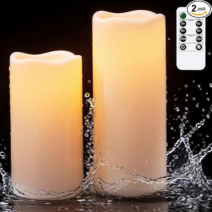 Outdoor Candles with Timer Waterproof, 10” x 4” & 8” x 4” Set of 2 Waterproof Candles with Remote, Large LED Pillar Battery Operated Candle for Outdoor Outside Lartern Porch Patio Decor