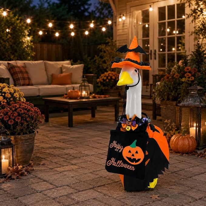Halloween Porch Goose Outfits for 23'' Lawn Geese Statue Goose Costume with Witch Hat Pumpkin Outfits Bow Candy Treat Bag, Outdoor Garden Goose Decor for Patio Yard Lawn Art Halloween Ornament