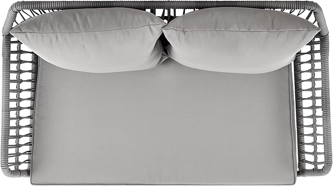 Manhattan Comfort Portofino 4-Piece Patio Conversation Set, Rope Wicker Design with Waterproof Cushions | Outdoor Furniture Includes 2 Armchairs, Loveseat & Coffee Table with Tempered Glass Top, Grey