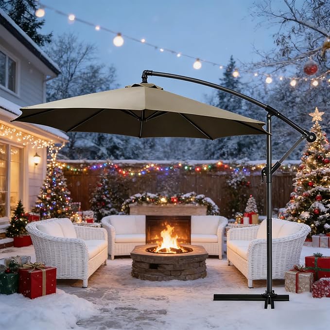 10ft Offset Hanging Market Patio Umbrella w/Cross Base, Outdoor Large Round Aluminum Cantilever Umbrella w/Easy Tilt Adjustment, Fade Resistant Waterproof 8 Ribs Canopy, for Yard, Garden & Dec