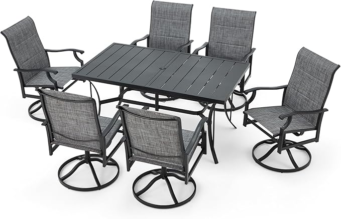 BUPPLEE Patio Dining Set for 6, 6 Piece Patio Swivel Chairs with 1 Piece Large Mental Rectangular Dining Table for Backyard Front Porch Pool Deck,Gray