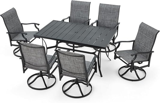 BUPPLEE Patio Dining Set for 6, 6 Piece Patio Swivel Chairs with 1 Piece Large Mental Rectangular Dining Table for Backyard Front Porch Pool Deck,Gray