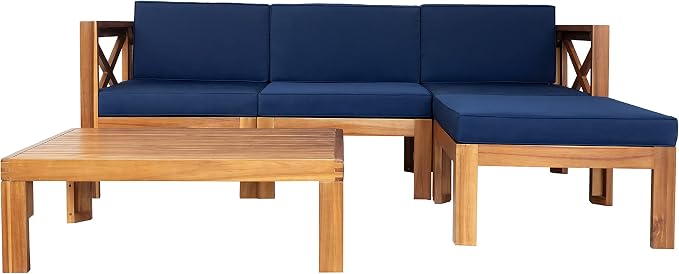 5-Piece Outdoor Backyard Patio Set, Acacia Wood Sectional Sofa Seating Group Set with Tea Table and Cushions, Conversation Furniture Set for Garden Backyard Poolside (Natural Finish+ Blue Cushions 2)