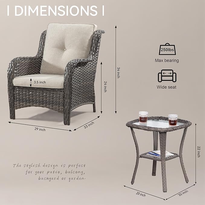 Wicker Chair Set 3-Piece Wicker Outdoor Furniture Conversational Sets with Two Armchairs & One Rattan Side Table, Olefin Cushions Included, Beige