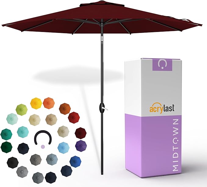 Midtown Umbrellas – The Lean 8 Ft Patio Umbrella with 10-Year-No-Fade Acrylast Acrylic Fabric, Auto-Tilt and 8 Reinforced Ribs for Deck, Pool, Garden, Hotel & Cafes – Bordeaux Canopy, Black Pole