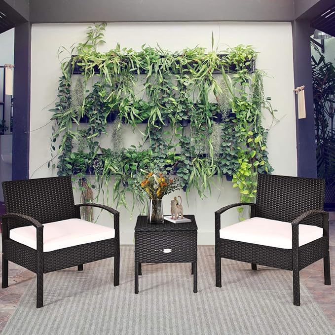 Tangkula 3 Piece Patio Wicker Conversation Set, Outdoor Rattan Furniture with Washable Thick Cushion & Coffee Table w/Storage Space, Patio Furniture Set for Backyard Porch Garden Poolside (White)