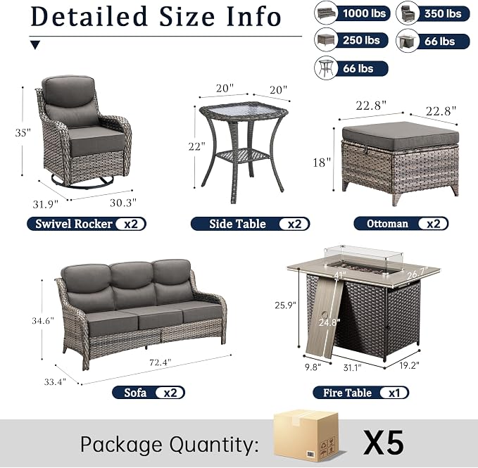 Luxury 6" Thick Cushion 9 Pieces Wicker Patio Furniture Set with 41”Fire Table, Outdoor Conversation Set with Patio Couch and Swivel Rocker Chairs for Deck Porch Yard and Poolside