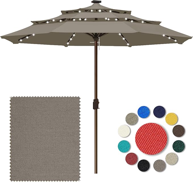 Eurmax USA 10-Year-Non-Fading 10FT 3-Tier Outdoor Patio Market Umbrella with LED Lights,UPF50+ UV Resistant,Commercial Grade,Crank Lift Design,Windproof Vented Top for Garden,Pool,Deck,Taupe
