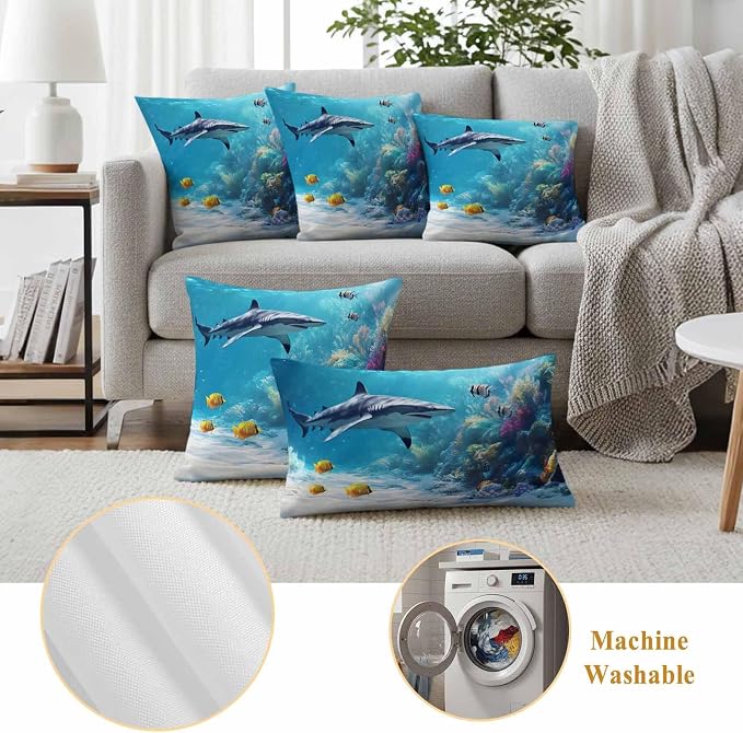 JasmineM Outdoor Pillow Cover Set of 2 Ocean Shark Waterproof Throw Pillow Covers Underwater Decorative Pillowcases Garden Cushion Case for Patio Couch Sofa 16x16 Inch
