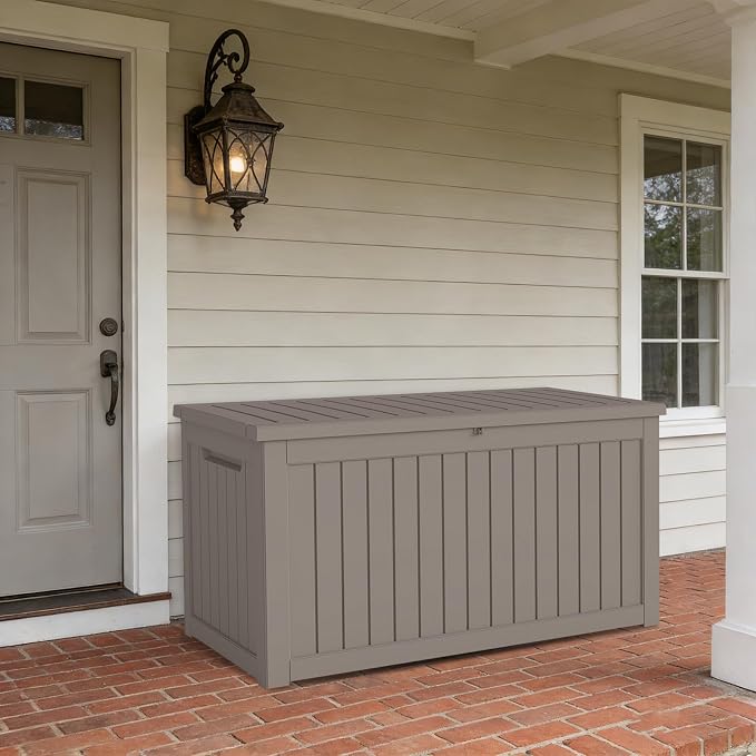 230 Gallon Outdoor Deck Boxes, IP68 Waterproof Outdoor Storage Box with Hydraulic Lid Support, Outside Resin Container for Furniture, Toy, Shoe, Garden & Patio Tools Storage -Brown