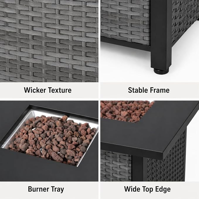 Square PE Rattan Propane Fire Pit Table, 30 Inch Outdoor Gas Firepit Table with Metal Tabletop & Lava Rocks, 50000 BTU Weather Resistant Patio Fire Pit for Backyard Garden Deck Porch