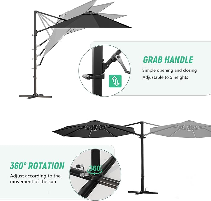 Greesum 10FT Outdoor Patio Umbrella with High Pedel and 4 Gear Heights, Large Offset Market Umbrella with 360-degree Rotation, Without Base, Hanging Outdoor Shade for Garden, Lawn, Pool, Black