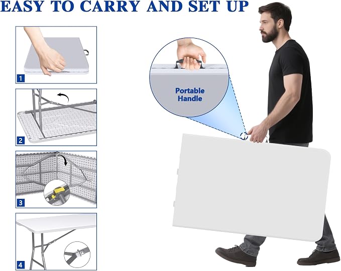 2 Pack 8FT White Folding Table for Outdoor, 8 Foot Picnic Tables No Assembly Required Portable, White Foldable Table for Camping, Parties, Meeting, Events, Wedding, with Carrying Handle