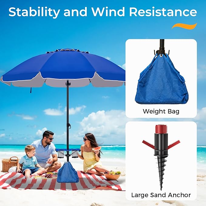 HOMEDEMO 8FT Large Beach Umbrella with Weight Bag & Sand Anchor, Outdoor Umbrellas with Adjustable Aluminum Pole and Table, Heavy Duty Windproof & UPF 50+