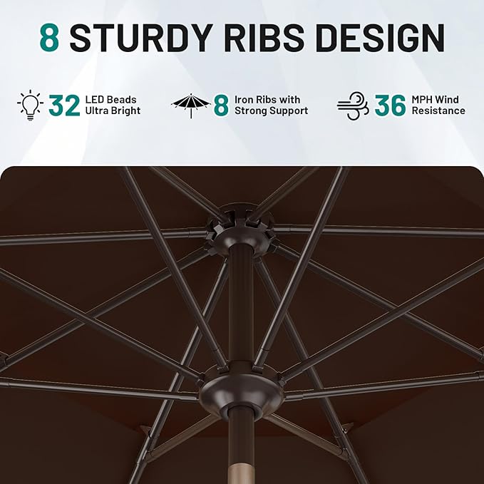 AreShark 9ft 2 Tiers Patio Umbrella with Solar Lights, Outdoor Umbrella w/ 32 LED Lights&8 Sturdy Ribs, Table Umbrella for Deck, Backyard, Pool(Dark Brown)