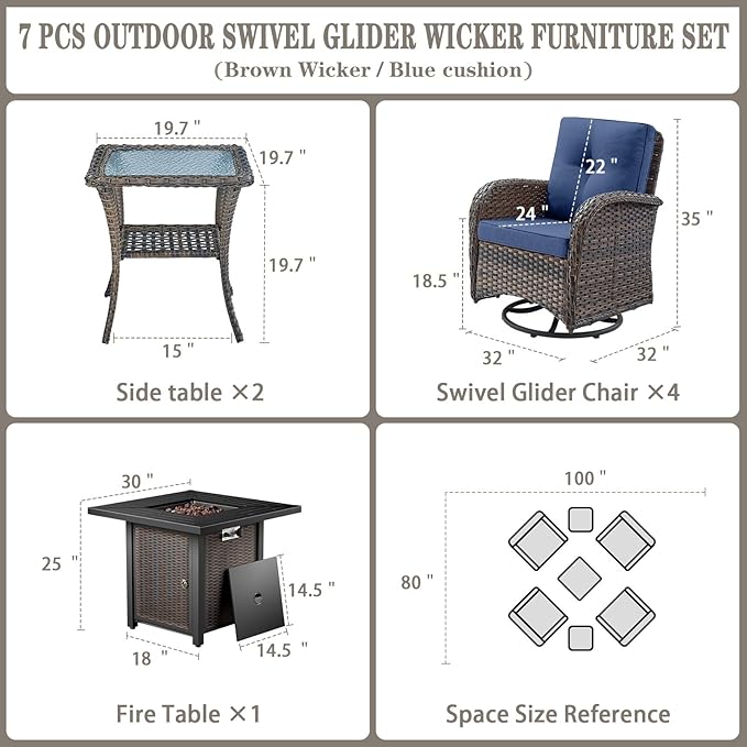 Belord 7 Piece Wicker Patio Furniture Set with 30" Fire Pit Table - Outdoor Swivel Rocker Chairs Set of 4 with Glass Side Tables Set of 2, Patio Conversation Set for Casual Gathering Brown/Blue