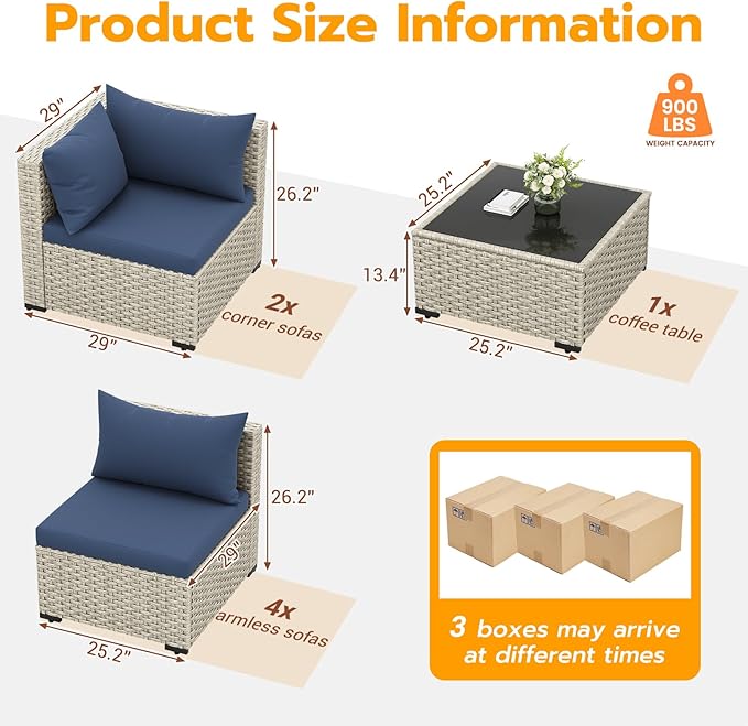 UDPATIO Outdoor Patio Furniture Set, 7-Piece Modular Sectional Sofa with Tea Table, PE Wicker Outdoor Conversation Set for Patio, Garden, Backyard Blue