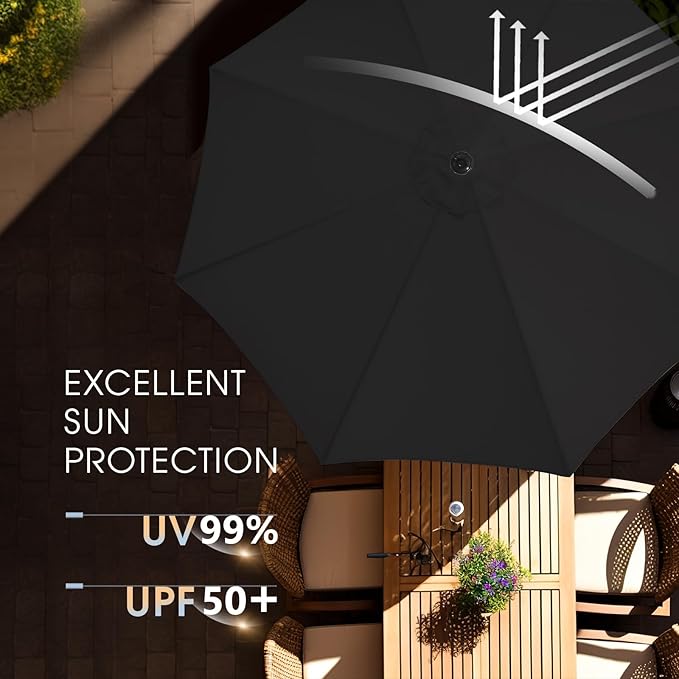 wikiwiki 11FT Patio Umbrella with Base, Outdoor Umbrellas with Base Included, 8 Sturdy Ribs, Waterproof Fade Resistant POLYESTER DTY Canopy for Deck, Lawn, Garden, Backyard & Pool, Black