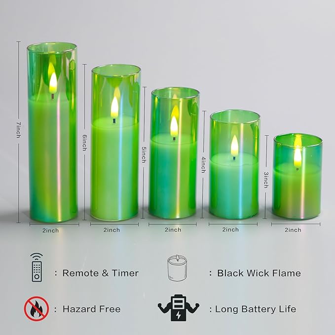Eywamage Green Glass Flameless Candles with Remote Batteries, LED Pillar Candles Flickering Spring Home Decor Set of 5