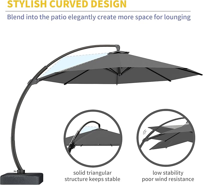 Kingdura 11ft Offset Cantilever Patio Umbrella with Base Included, Large Round Aluminum Outdoor Umbrella, 360° Rotation & Infinite Tilt, Heavy Duty Frame for Deck Pool Backyard, Grey