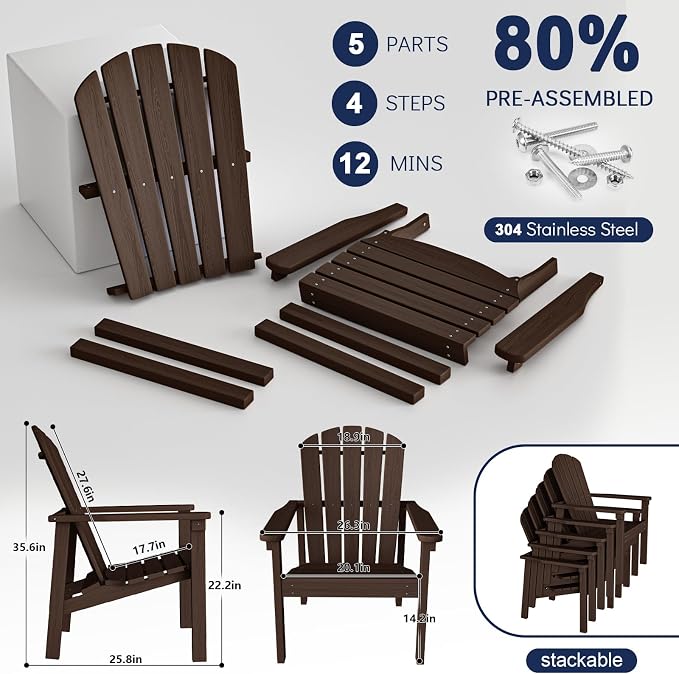 nevilywood Compact Stackable Adirondack Chair,All Weather HDPE,380lb.Coffee | 26.3" Wide HDPE.All-Weather Outdoor.Maintenance-Free.Stackable for Storage.25°Curved Straight Backrest.Quick Assembly