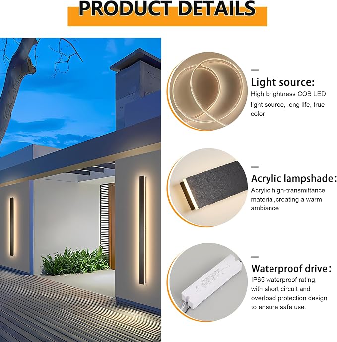 AioTio Modern Outdoor Wall Light for House,2pack 23.6inch Black LED Exterior Wall Sconces Lighting Fixtures, Outdoor Porch Light Fixture 3000K Long Linear Wall Light Outside Lighting for Patio
