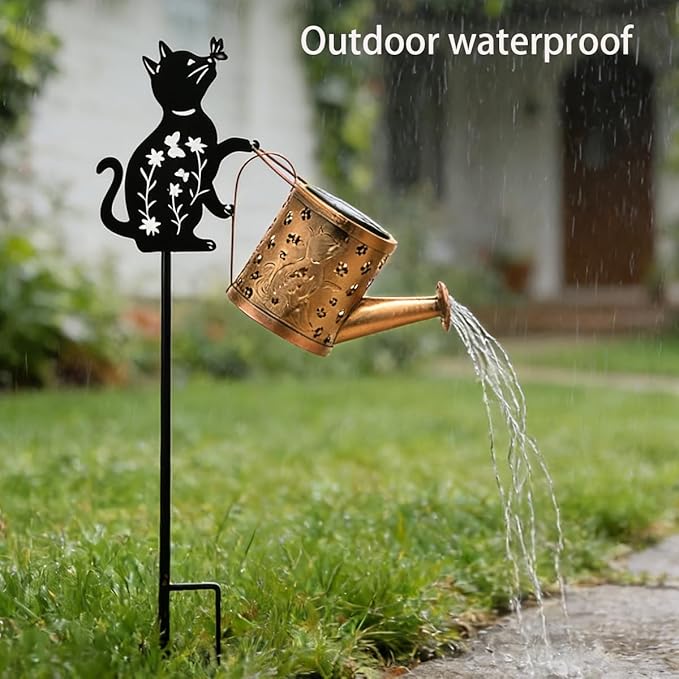 Solar Watering Can with Lights, Featuring Metal Cat Silhouette Garden Ornament Festive Gift for Women, Waterproof Outdoor Decor for Backyard Paths and Lawn